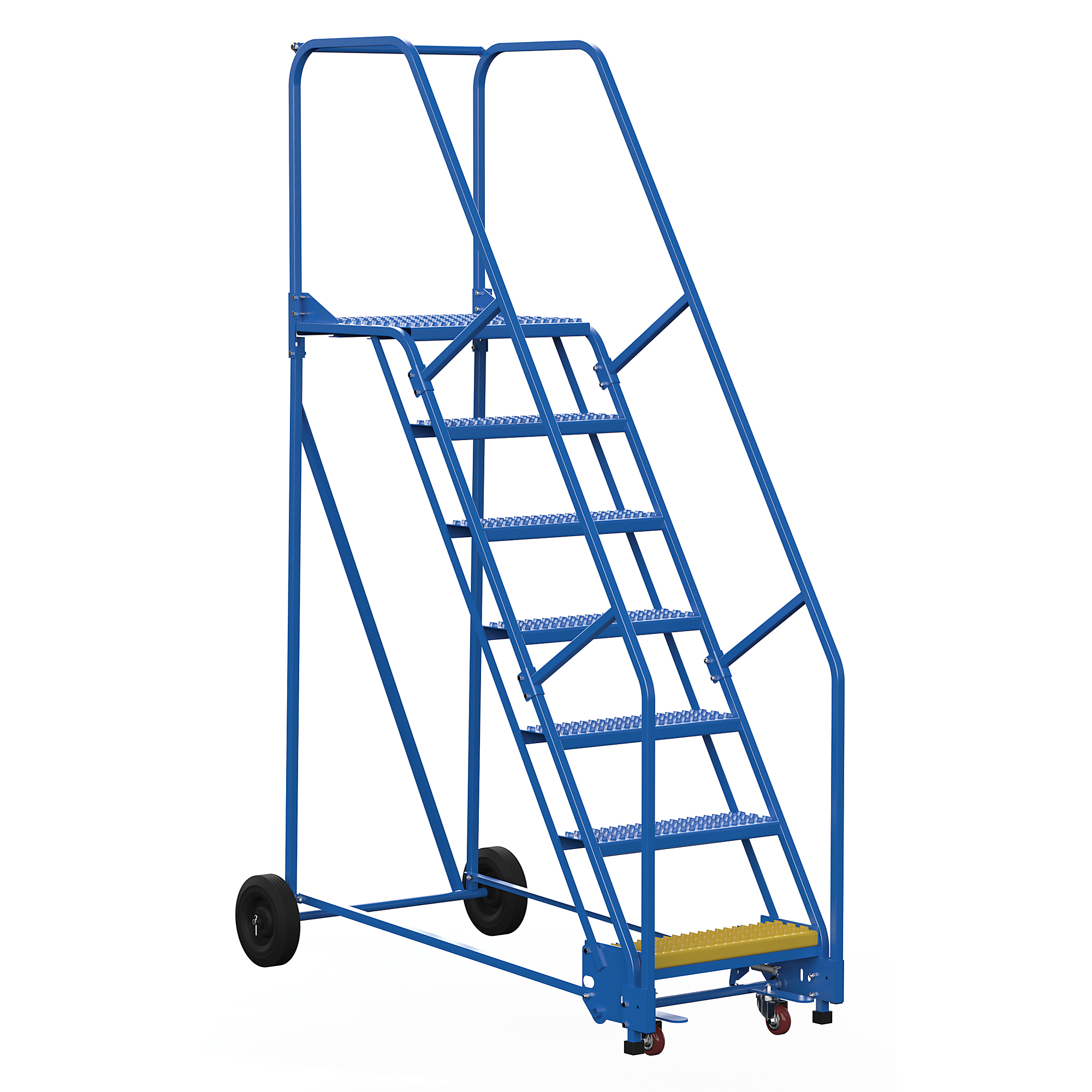 Vestil Steel Rolling Warehouse Ladder — 7 Steps, 23-9/16in. Step Width, 350-Lb. Capacity, Blue, Model# LAD-7-21-G